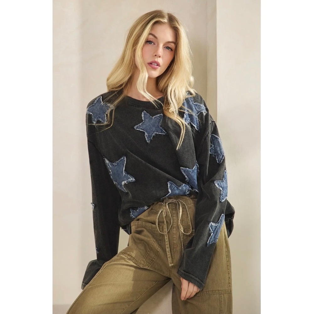 Sage + Fig Midnight Comet Star Applique Top Charcoal Mineral Wash Long Sleeve M